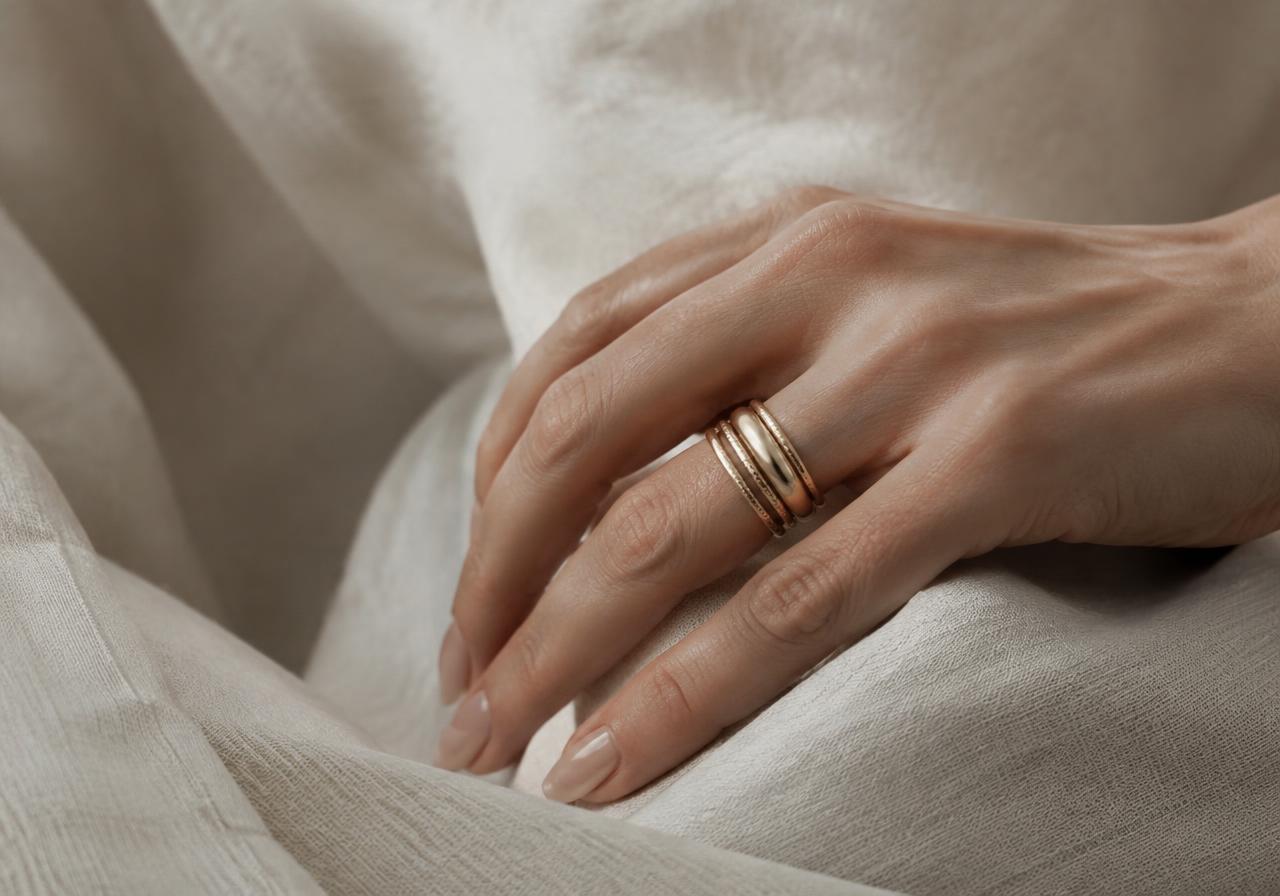 Stacked gold rings on a hand resting on linen